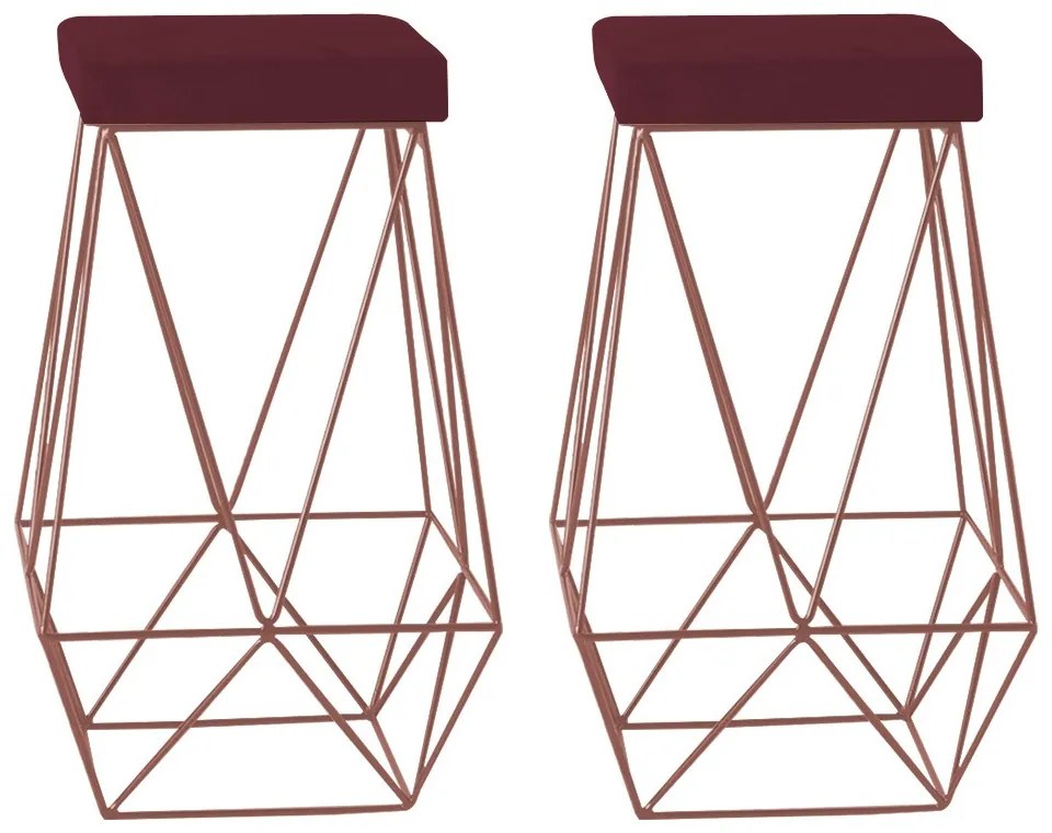 Kit 2 Banqueta Decorativa Kathy Base Bronze Suede Bordô G41 - Gran Belo