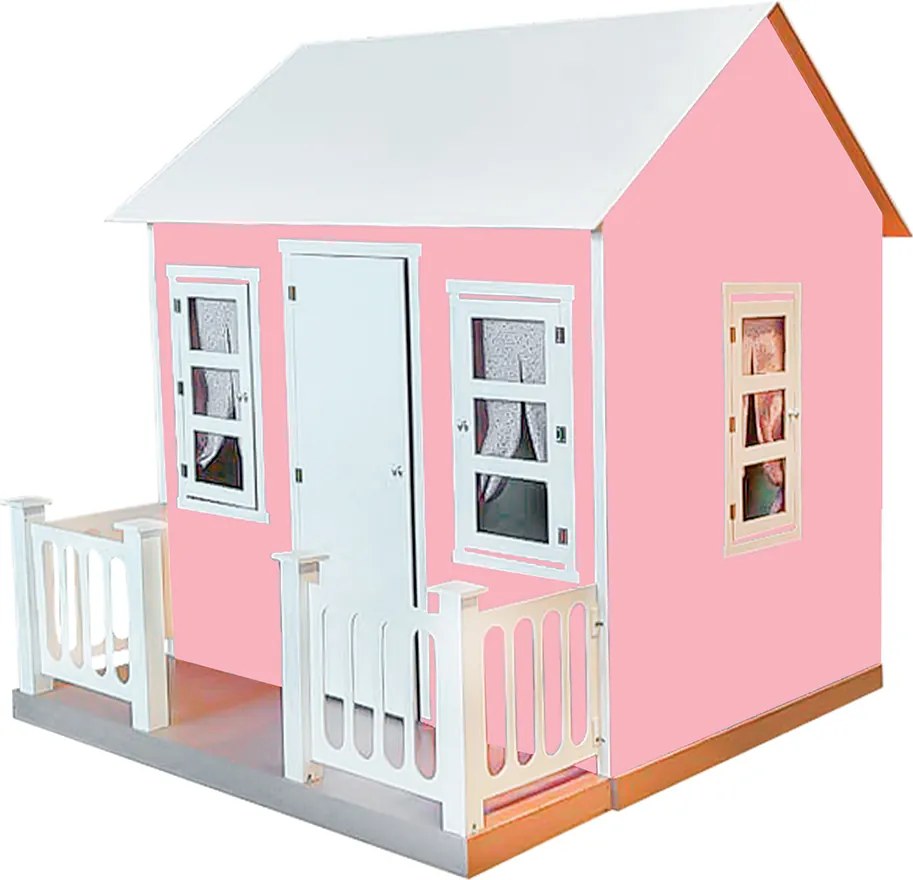 Casinha de Brinquedo com Cercado e Cortinas Rosa/Branco L12 - Gran Belo