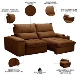 Sofá Retrátil 3 Lugares com Porta Copo 210cm Andes F05 Veludo Terracot