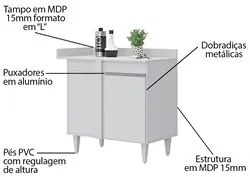 Balcão de Canto Reto com Tampo 1 Porta Denver Branco - Lumil