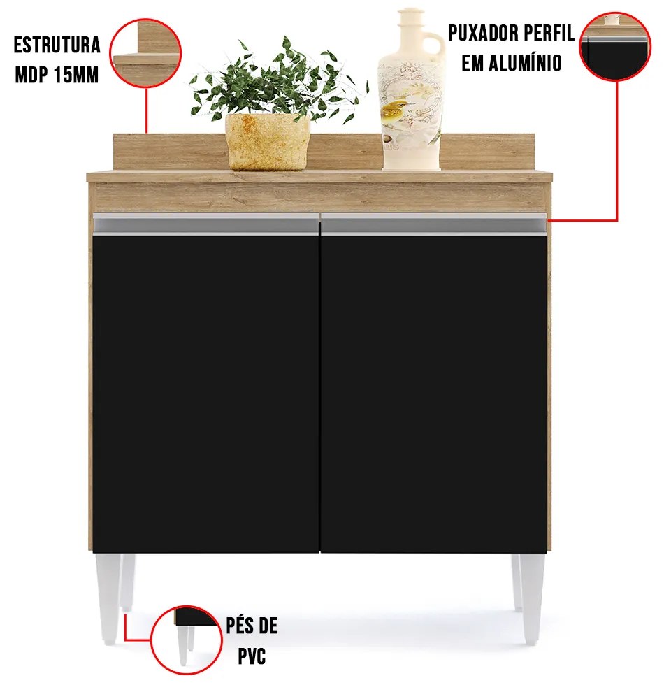 Balcão de Cozinha Lavanderia com Tampo 02 Portas Sara 80 cm L06 - D'Rossi - Castanho e Preto