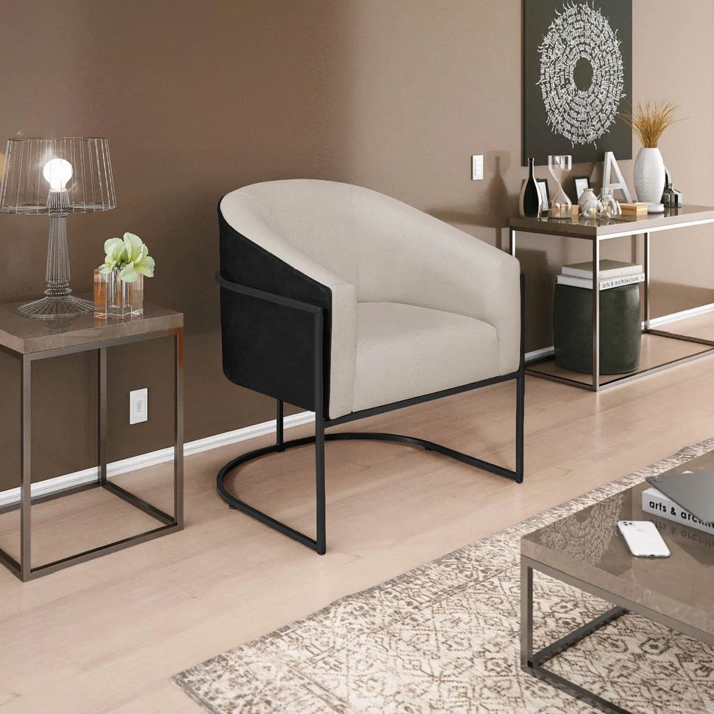 Kit 02 Poltronas Luiza Base de Ferro Preto Factor Preto e Linho - ADJ Decor
