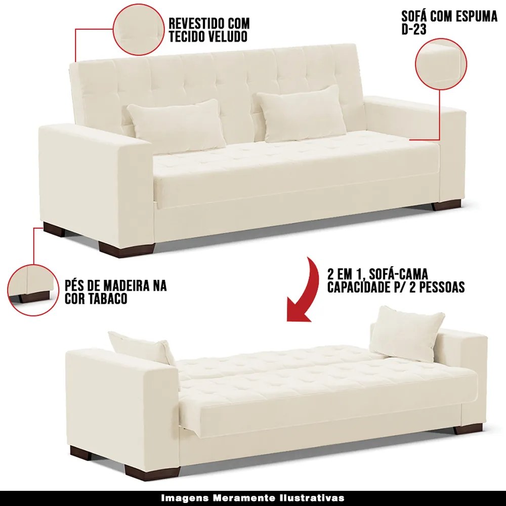 Sofá Cama Decorativo 210cm Beesley Veludo Off White G19 - Gran Belo