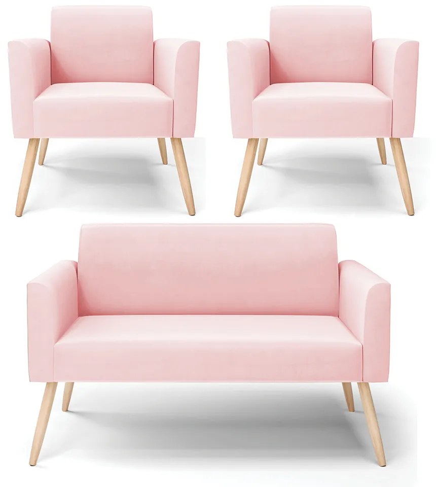 Sofá Namoradeira com 2 Poltronas Pés Palito Natural Marisa Suede D03 - D'Rossi - Rosa Bebê