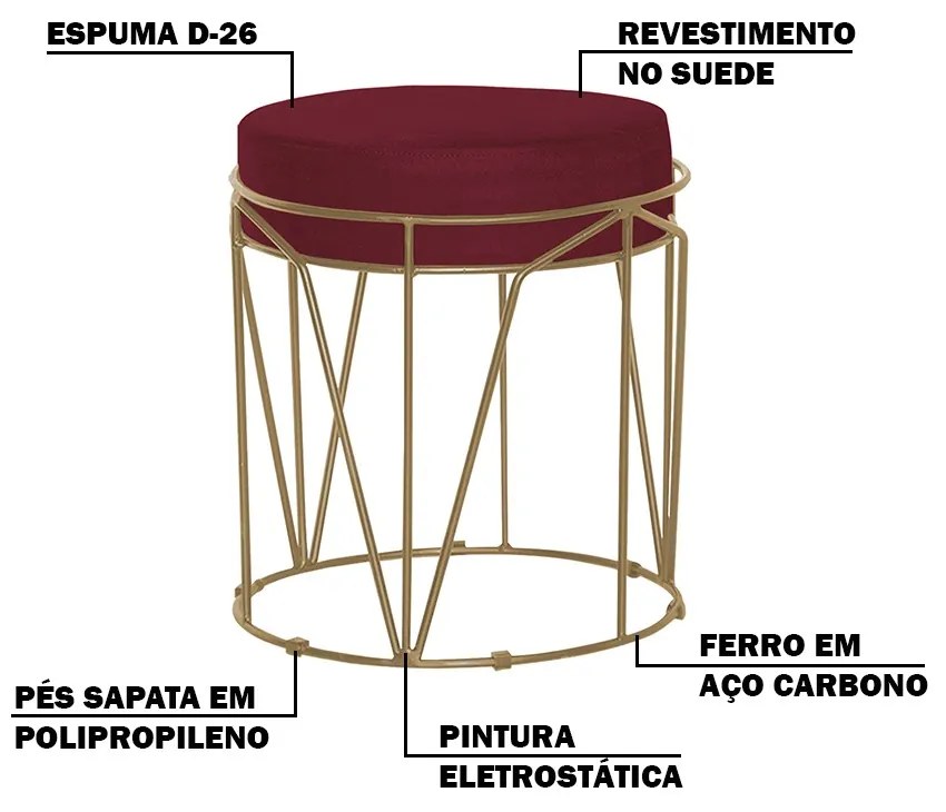 Puff Decorativo Sala de Estar Base Gold Chloe Suede Bordô G41 - Gran Belo