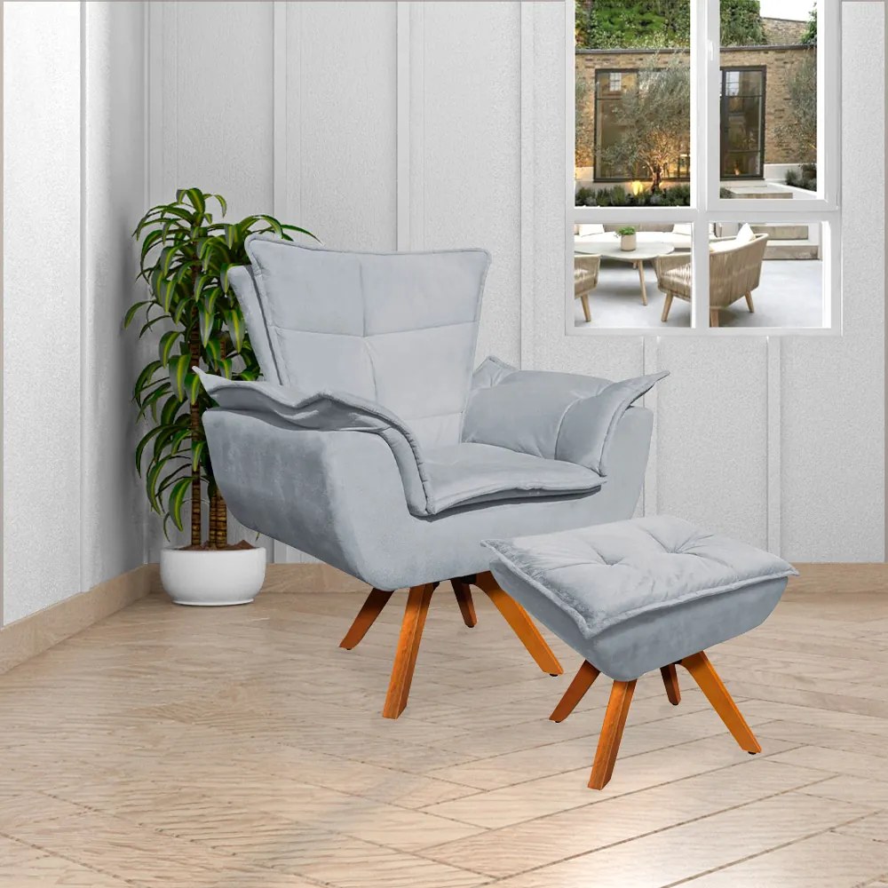 Puff Decorativo Base Giratória em Madeira Charger Suede Cinza G19 - Gran Belo