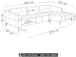 Sofá 4 Lugares 306cm Com Chaise Direito Eko Couro Caramelo Z55 - Mpoze