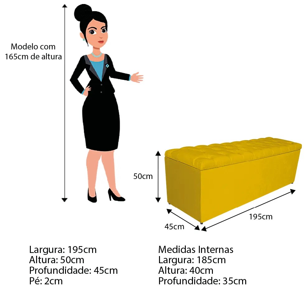 Calçadeira Estofada Liverpool 195 cm King Size Suede Amarelo - ADJ Decor