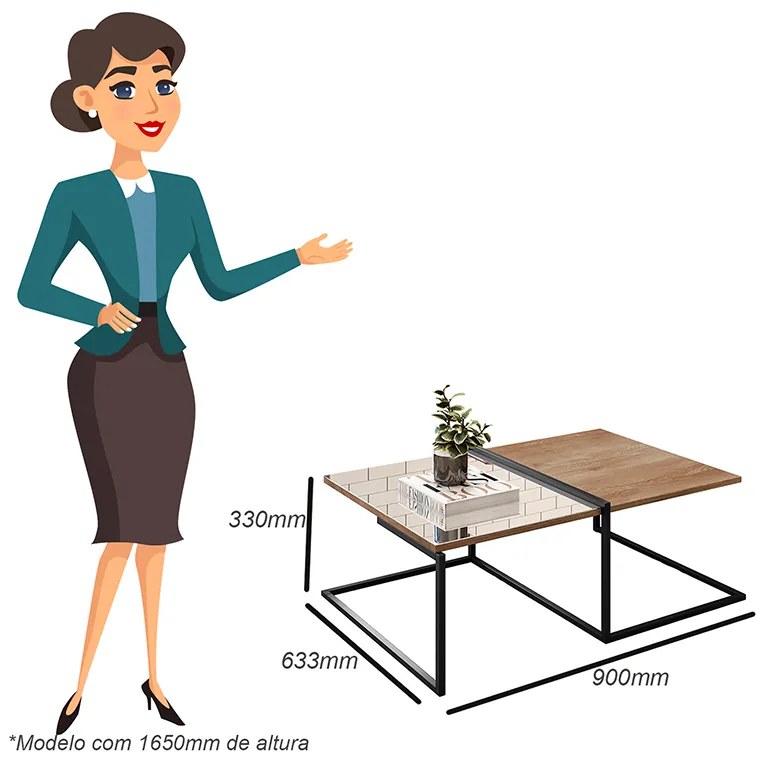 Mesa de Centro com Espelho Pés de Metal 90cm Aurora Marrom/Preto - Home Design - Marrom