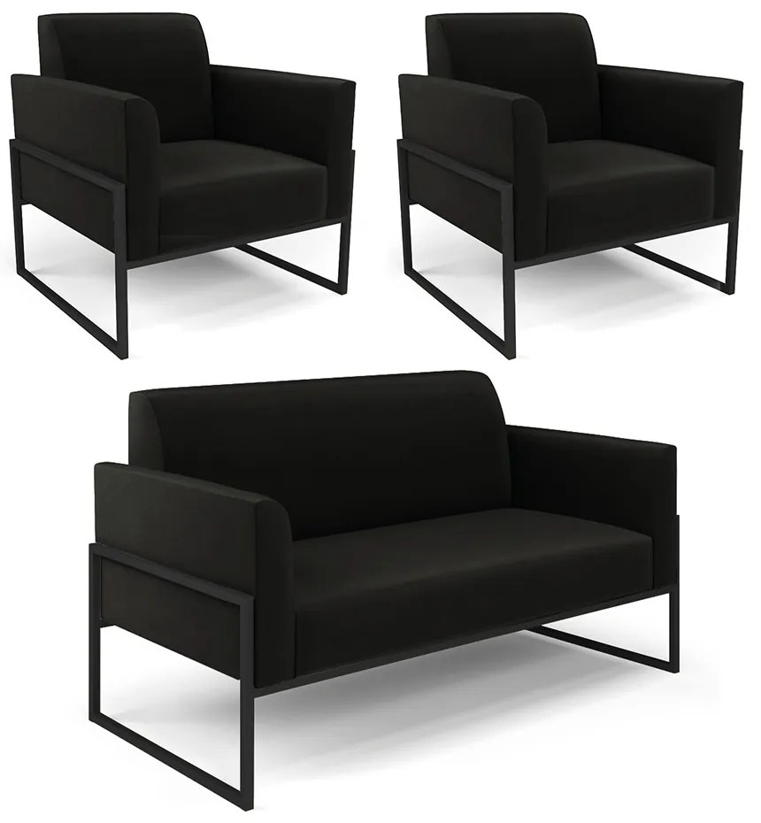 Sofá Namoradeira com 2 Poltronas Base Industrial Alta Preto Marisa Suede D03 - D'Rossi - Preto