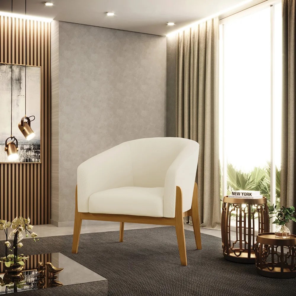 Poltrona Decorativa Base Madeira Stella Cotelê Int/Veludo D03 - D'Rossi - Off White