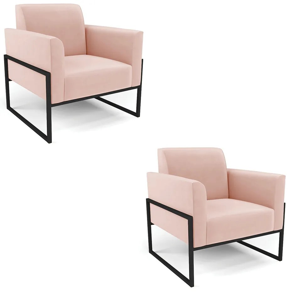 Kit 2 Poltronas Base Industrial Alta Preto Marisa Veludo - Rose