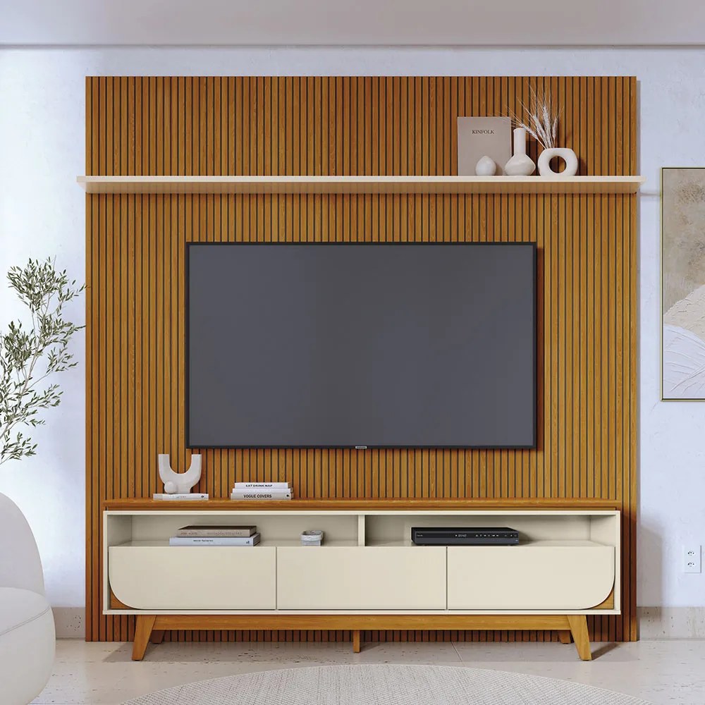 Conjunto Painel com Bancada Andrew 3 Gavetas MDP até 75 Cinamomo/OffWhite G97 - Gran Belo
