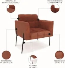 Poltrona Sala Pé Metal Preto Kit 2 Ana Sintético PU Nozes - Ibiza