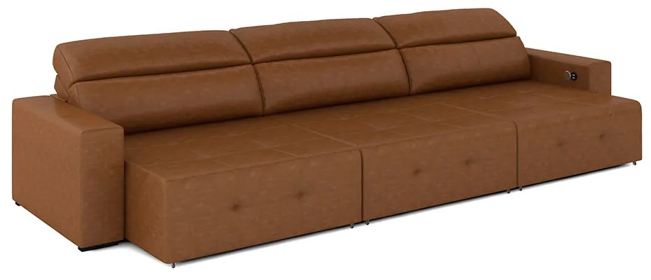 Sofá Retrátil 5 Lugares 344cm 3 Módulos Nero com USB Couro Manchado Claro G52 - Gran Belo