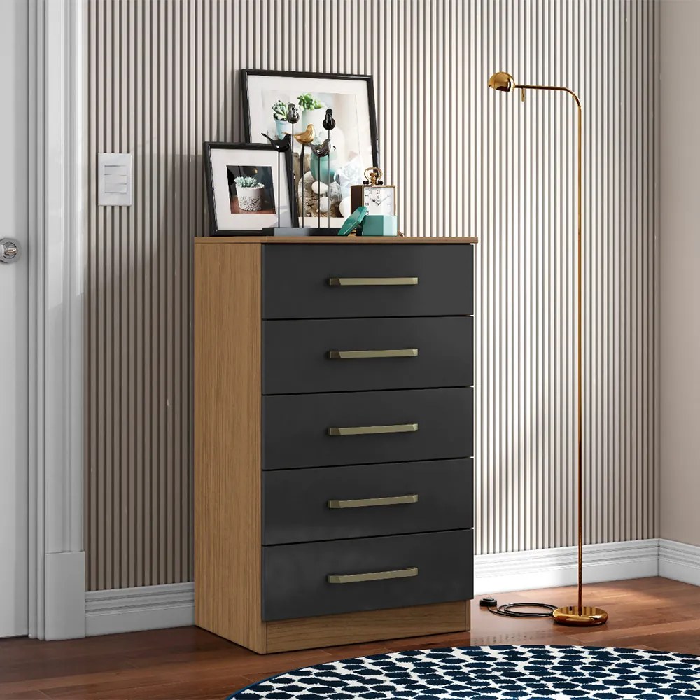 Cômoda para Quarto com 5 Gavetas 61cm Ingrid A09 - D'Rossi - Atacama e Grafite