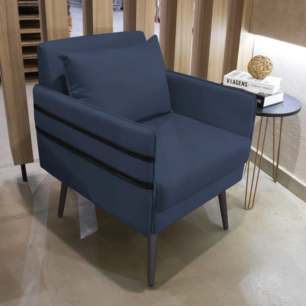 Poltrona Mari Suede Azul Marinho Pés Palito de Ferro Preto - D'Rossi