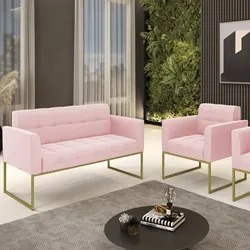 Sofá Namoradeira e 1 Poltrona Base Industrial Dourado Ana Suede Rosa B