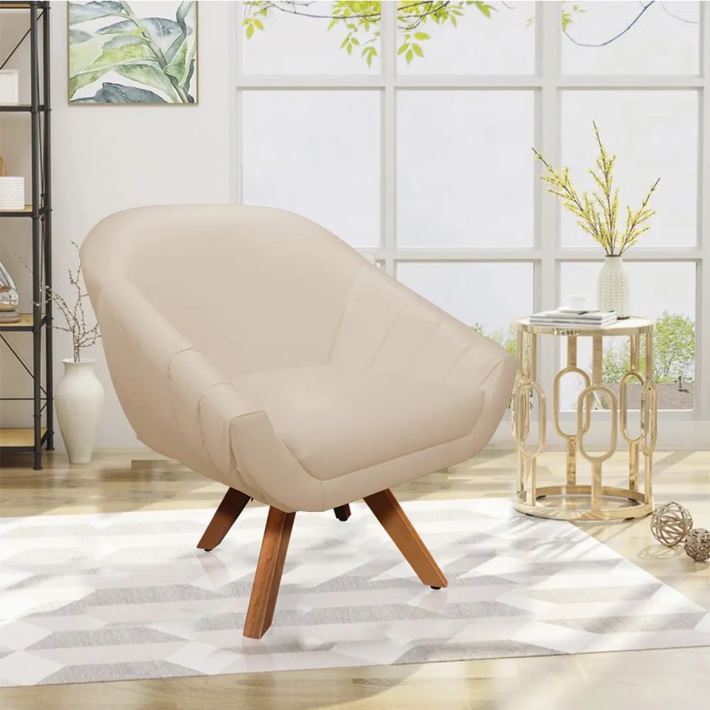 Kit 02 Poltronas Giratória Giovana Corino Base Madeira MM30 D03 - D'Rossi - Bege