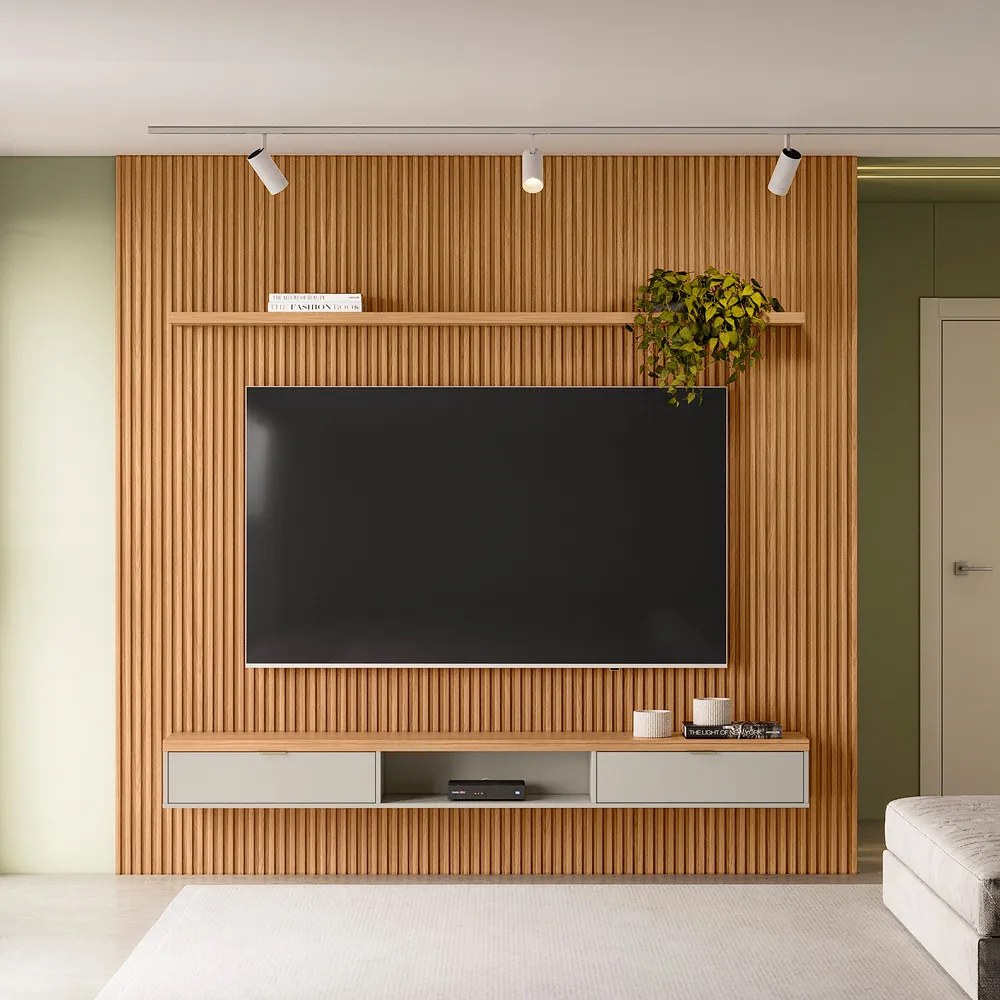 Painel para TV até 75 Polegadas Ripado Marisa com Nicho Bancada Nature e Off White 258x250 cm L04 - D'Rossi