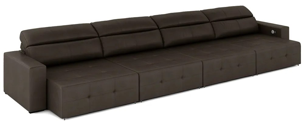 Sofá Retrátil 6 Lugares 364cm 4 Módulos Nero com USB Couro Marrom G52 - Gran Belo
