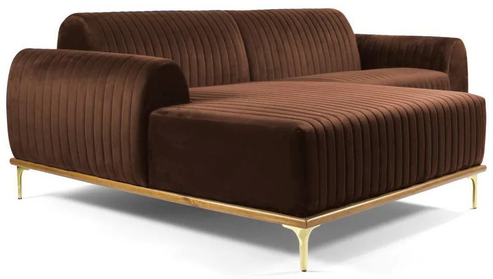 Sofá 3 Lugares Bipartido com Chaise Lado Direito Base de Madeira Euro 230 cm Veludo Marrom G15 - Gran Belo