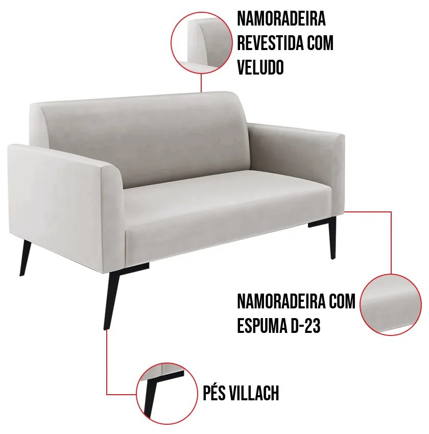 Sofá Namoradeira com Poltrona Pés Villach Marisa Veludo D03 - D'Rossi - Cinza