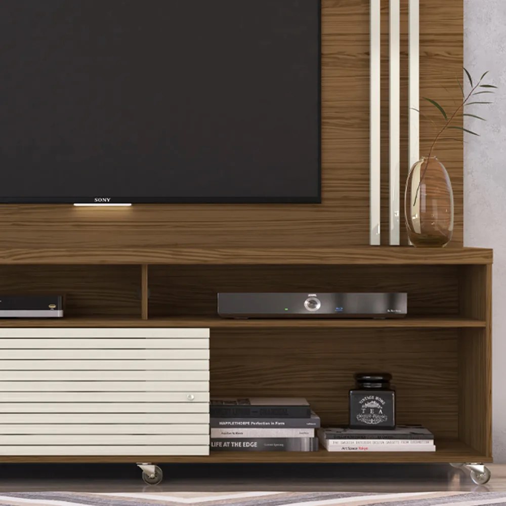 Estante de TV 65 Pol 182cm com Rodízio para Sala Nerion M20 - D'Rossi - Naturale(fosco)/Off White(brilho)