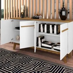 Balcão Aparador Buffet Opala 3 Portas Madeira Cinamomo/Branco - Bechar