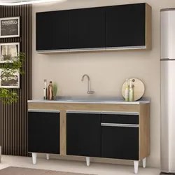 Armário Aéreo Argélia e Balcão Gabinete com Pia Inox 150cm Dakota Cast