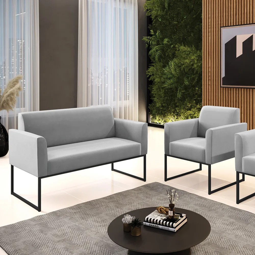 Sofá Namoradeira com Poltrona Base Industrial Preto Marisa Suede D03 - D'Rossi - Cinza