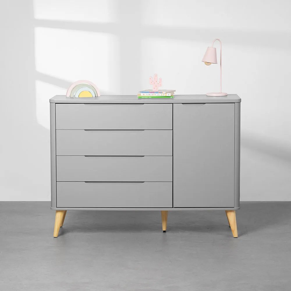 Cômoda Boom 4 Gavetas com Porta e Pés em Madeira Natural - Cinza