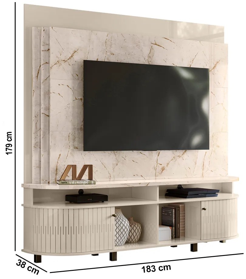 Estante de TV 65 Pol 183cm Sala de Estar Fayron M20 - D'Rossi - Calacata e Off White