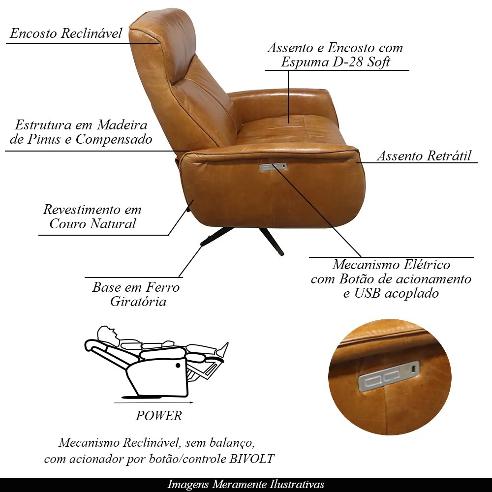 Poltrona do Papai Reclinável Power Elétrica Conde Giratória com USB Couro Caramelo G76 - Gran Belo