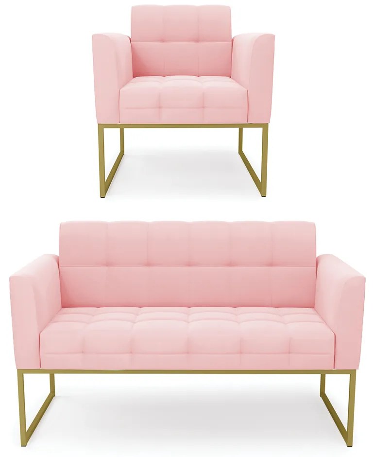 Kit 1 Sofá Namoradeira e 1 Poltrona Elisa Suede Base Metálica Industrial Dourado - D'Rossi - Rosa Bebê