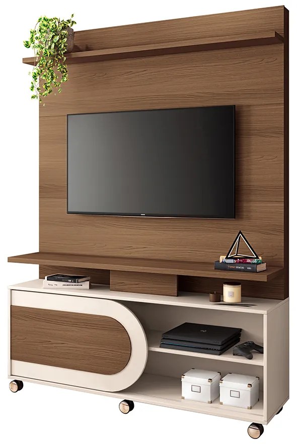 Home Theater Decorativo Globo c/Rodízios para TV até 55 Polegadas Castanho/Off White G26 - Gran Belo