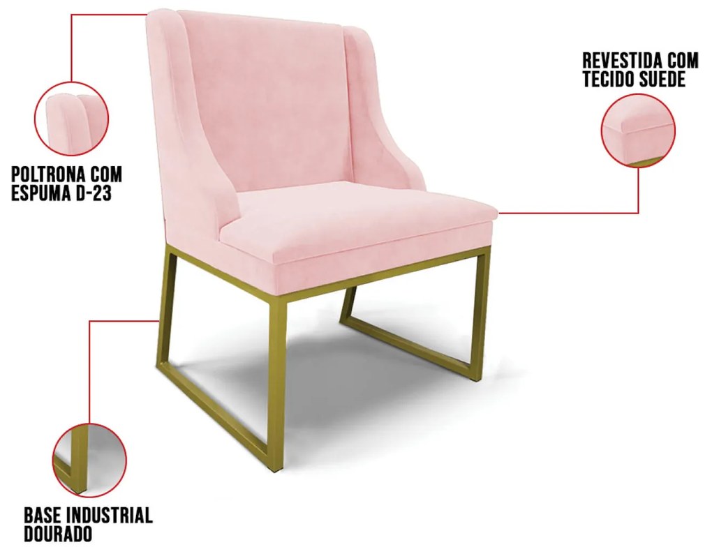 Cadeira Sala de Jantar Industrial Dourado Kit 2 Liz Suede D03 - D'Rossi - Rosa Bebê