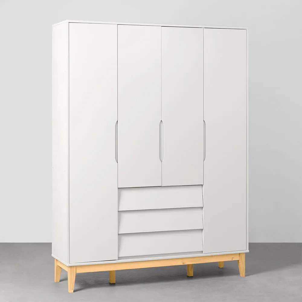 Guarda-Roupa Noah 4 Portas e 3 Gavetas com Pés Square Natural - Branco Fosco