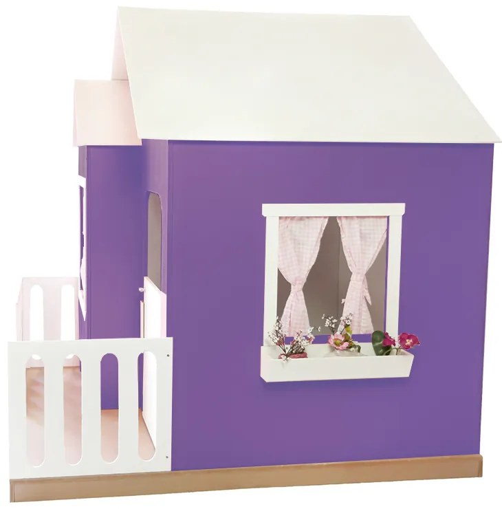 Casinha de Brinquedo Artesanal Janela Lateral Versátil com Cortinas MDF Roxo/Branco L12 - Gran Belo