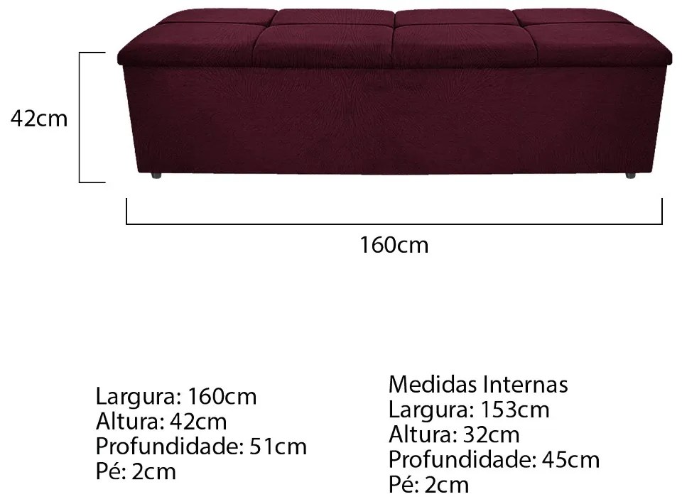 Calçadeira Munique 160 cm Queen Size Suede Bordô - ADJ Decor