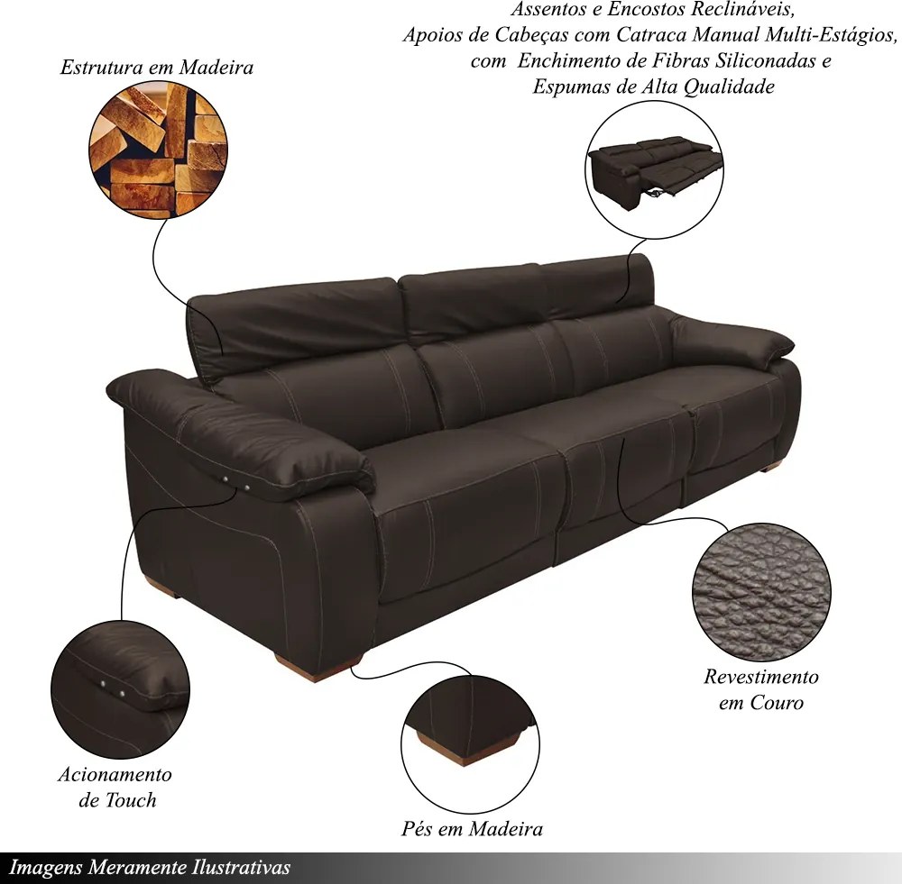 Sofá Elétrico Reclinável Sala de Estar Concepción U076 308cm Modulado Botão Touch Couro Marrom G49 - Idea Relax By Natuzzi Group