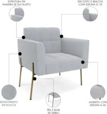 Poltrona Para Sala Pé Metal Dourado Kit 2 Ana Bouclé Cinza - Ibiza