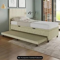 Bicama Box Baú Solteiro 88x188 cm Samy S05 Veludo Bege - Mpozenato