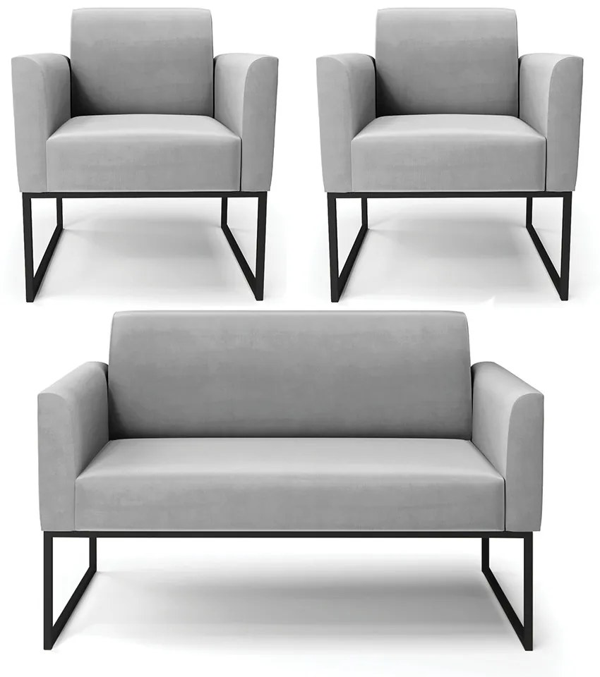 Sofá Namoradeira com 2 Poltronas Base Industrial Preto Marisa Suede D03 - D'Rossi - Cinza