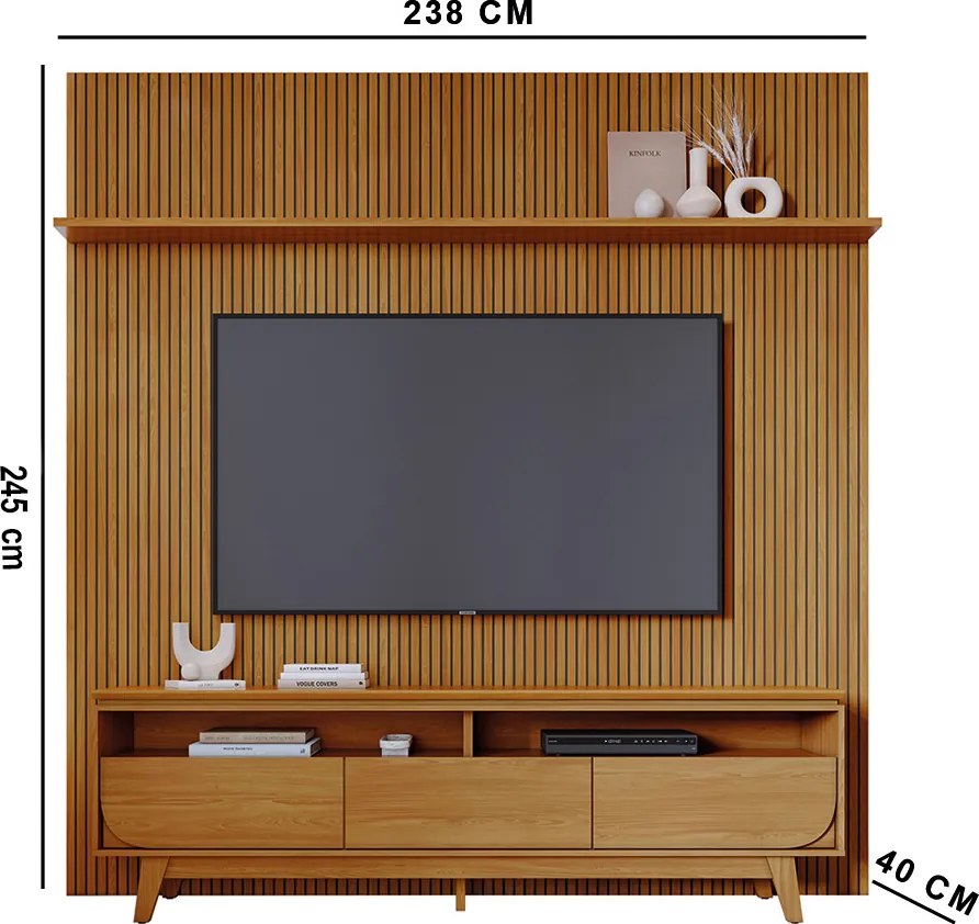 Painel TV 75 Pol 238cm Ripado Kalven e Bancada Elarin M20 - D'Rossi - Cumaru(fosco)