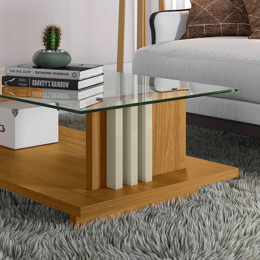 Mesa de Centro Para Sala Ripado Tampo de Vidro Mirezi M20 - D'Rossi - Cumaru e Opala