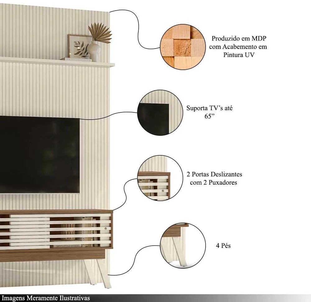 Conjunto Painel com Bancada Tremor 2 Portas Deslizantes 2 Prateleiras MDP até 65 Naturale/OffWhite G97 - Gran Belo