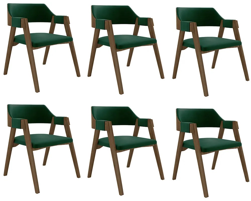 Kit 6 Cadeiras Sala de Jantar e Jogos Carteados Madeira Maciça Poker Veludo Verde/Nogueira G42 - Gran Belo