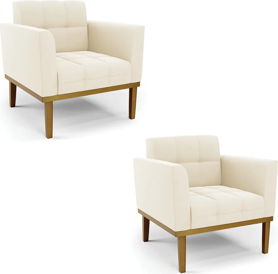 Kit 2 Poltronas Decorativas Karen Pés Fixo em Madeira Castanho Veludo Bege G19 - Gran Belo