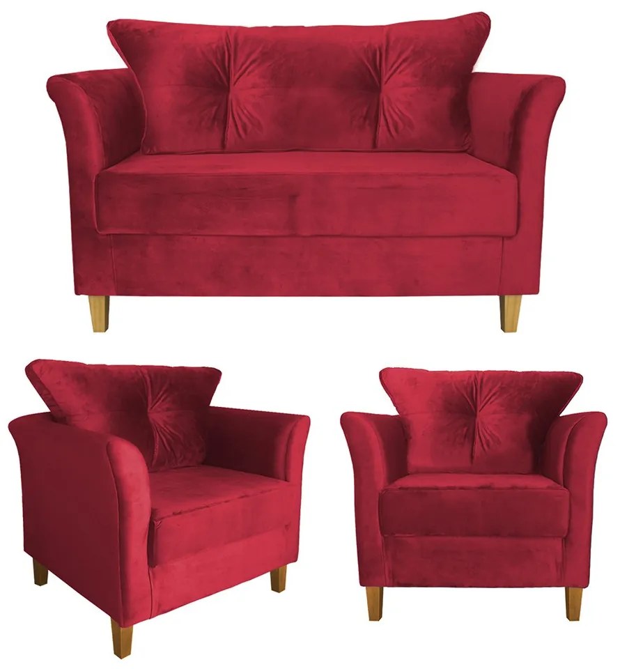 Kit Sofá Namoradeira + 2 Poltronas Ibis Decorativa Suede Vermelho